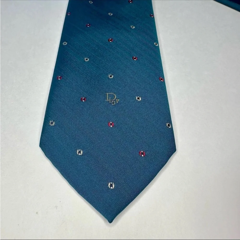 Vintage DIOR Embroidered Signature Polka Dotted Teal Classic Tie